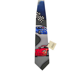 Robert Daskal Necktie Race Cars on Track Novelty Tie Checkered Flag Red Blue